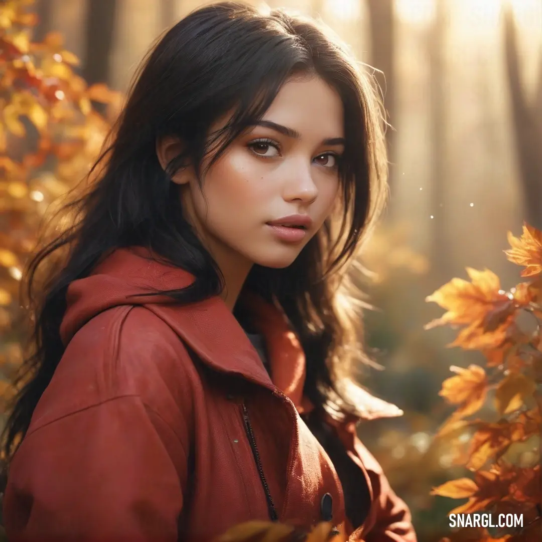 Woman in a red jacket standing in a forest with leaves on the ground and trees in the background. Example of #801818 color.