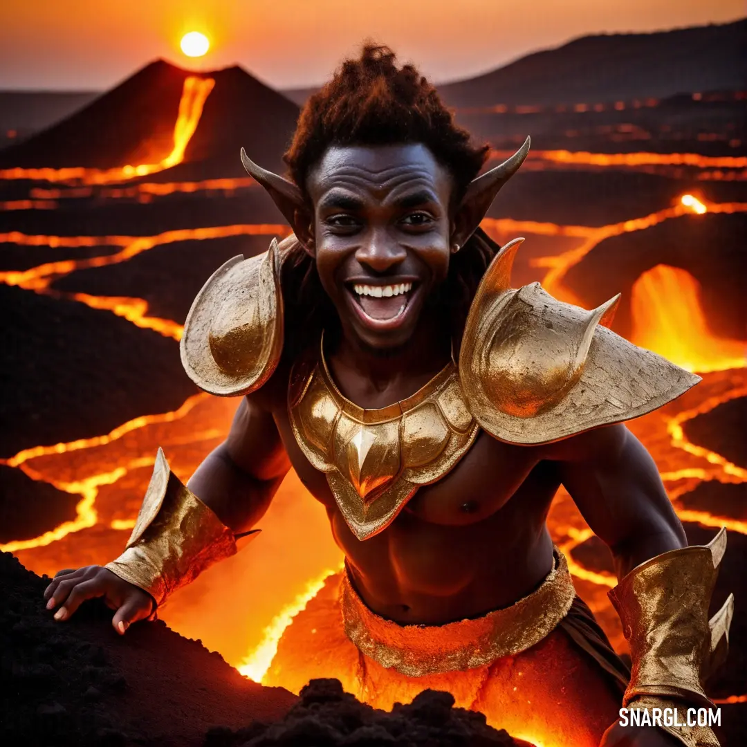 Man dressed in a costume standing in a lava pit with a sunset in the background