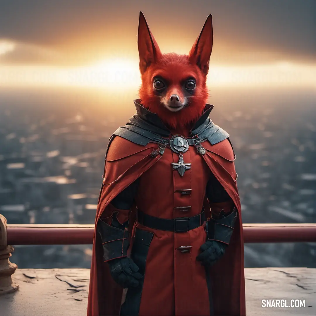 Red fox dressed in a red cape and a red cape on a balcony overlooking a city at sunset. Example of Falu red color.