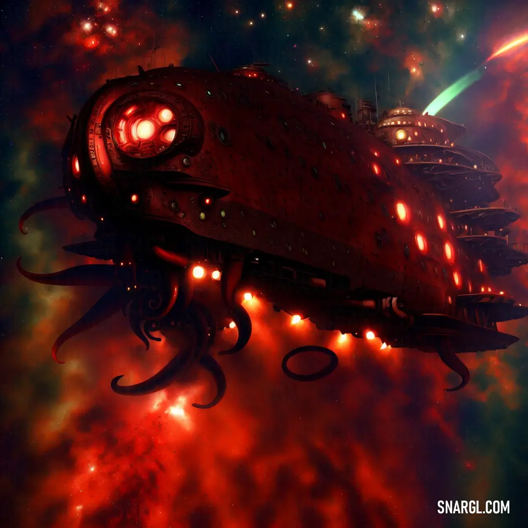 Space ship floating in the middle of a galaxy filled with stars and a red light on top of it