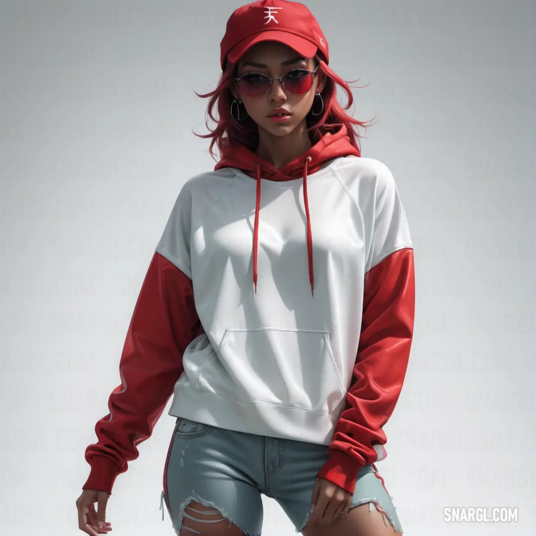 Woman wearing a red and white hoodie and ripped shorts with a baseball cap on her head