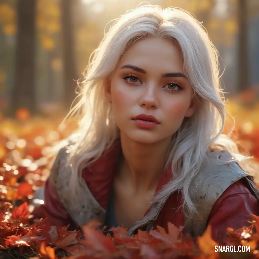 Falu red color. Woman with blonde hair and a red jacket is laying in leaves in the woods with a bright light shining on her