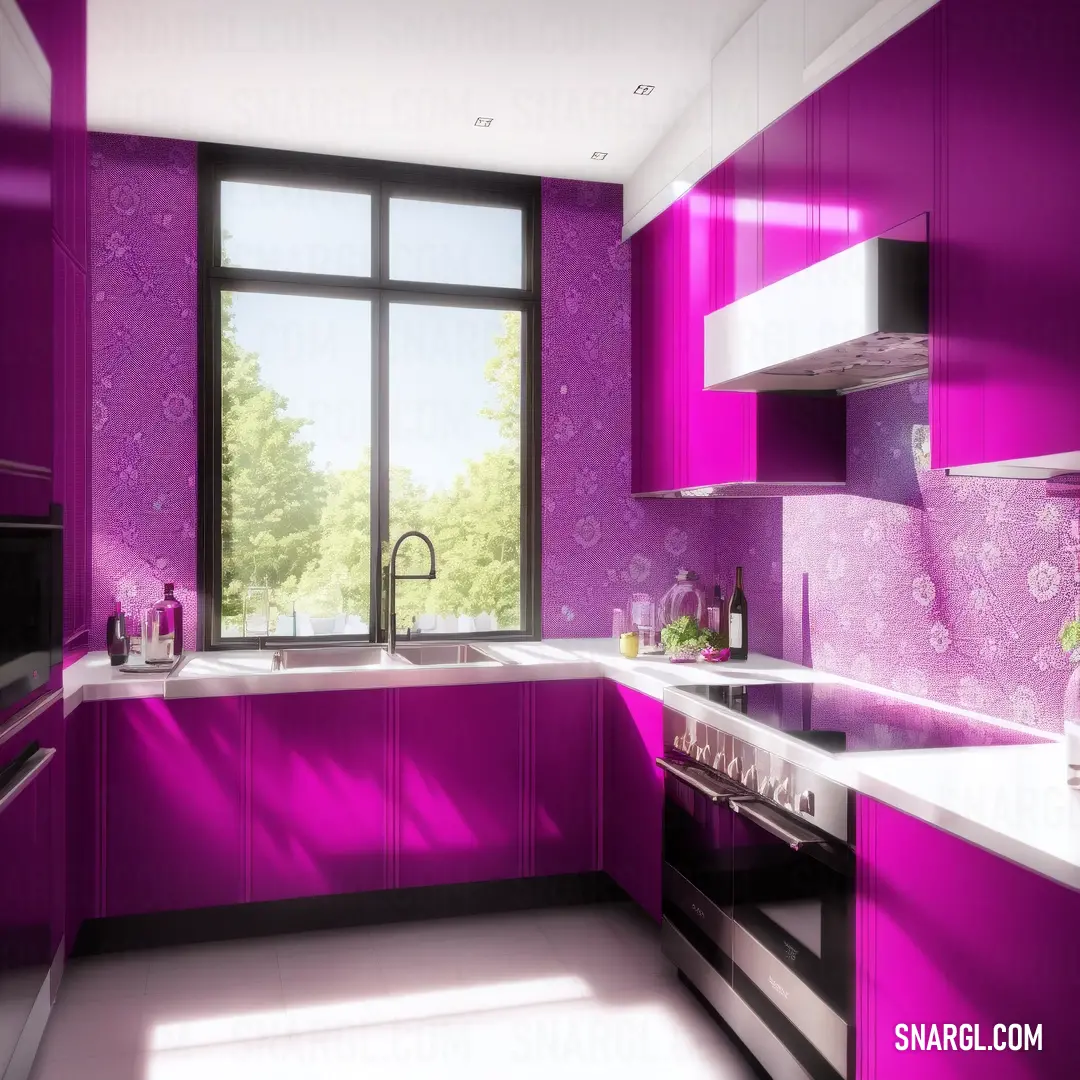 Kitchen with purple walls and a window in the middle of the room with a sink