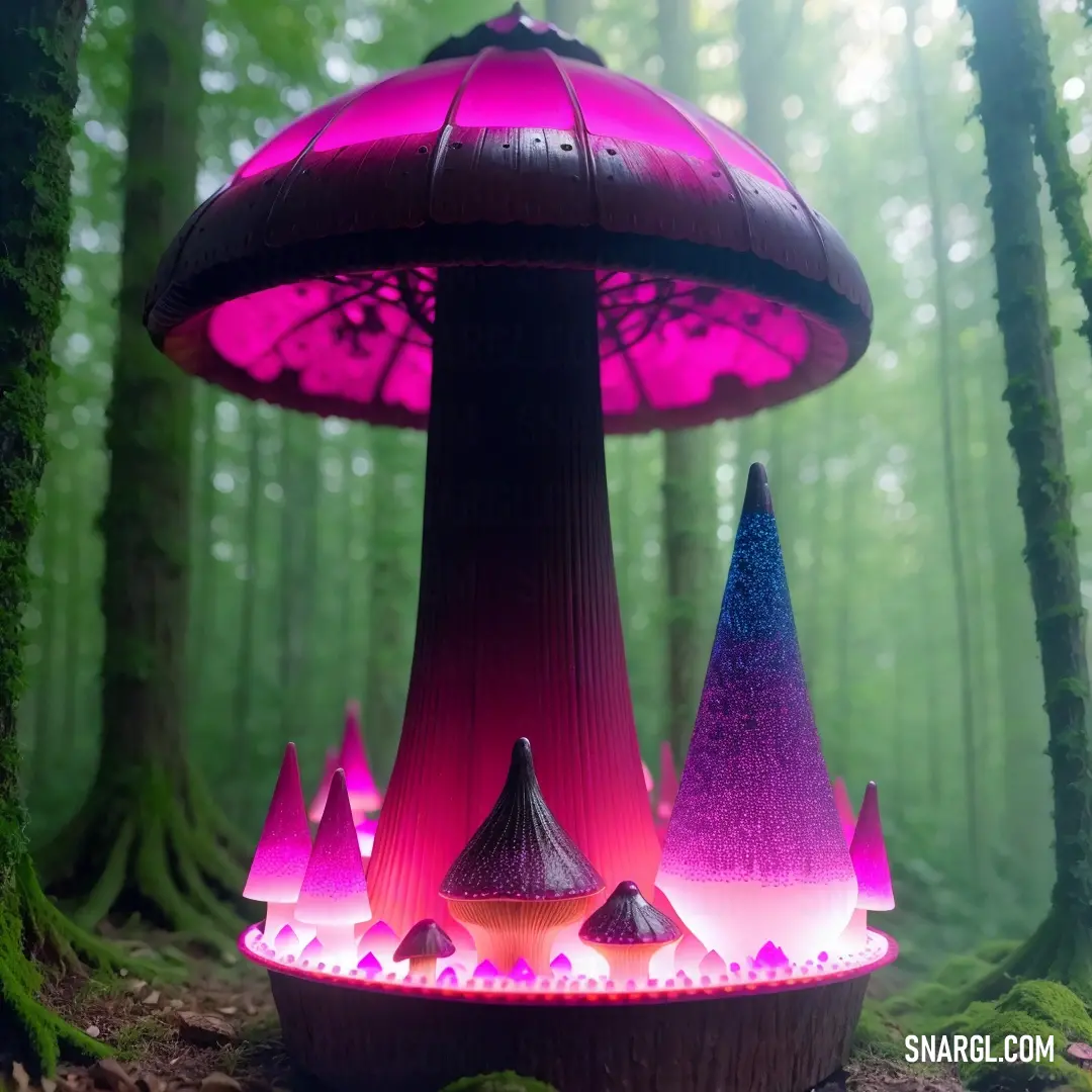 Mushroom like structure with a pink light on it in the middle of a forest with trees and grass