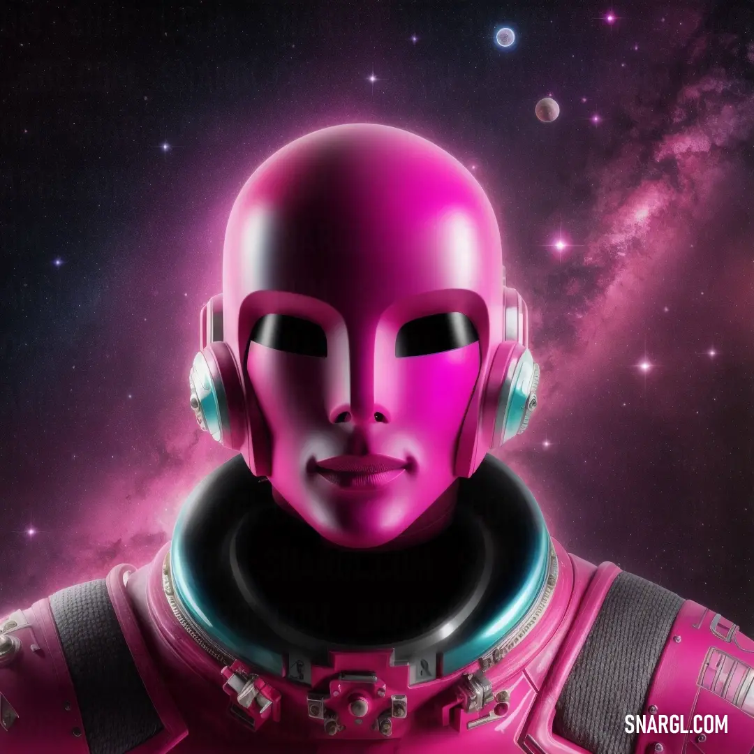 Pink alien with headphones on in space with stars in the background