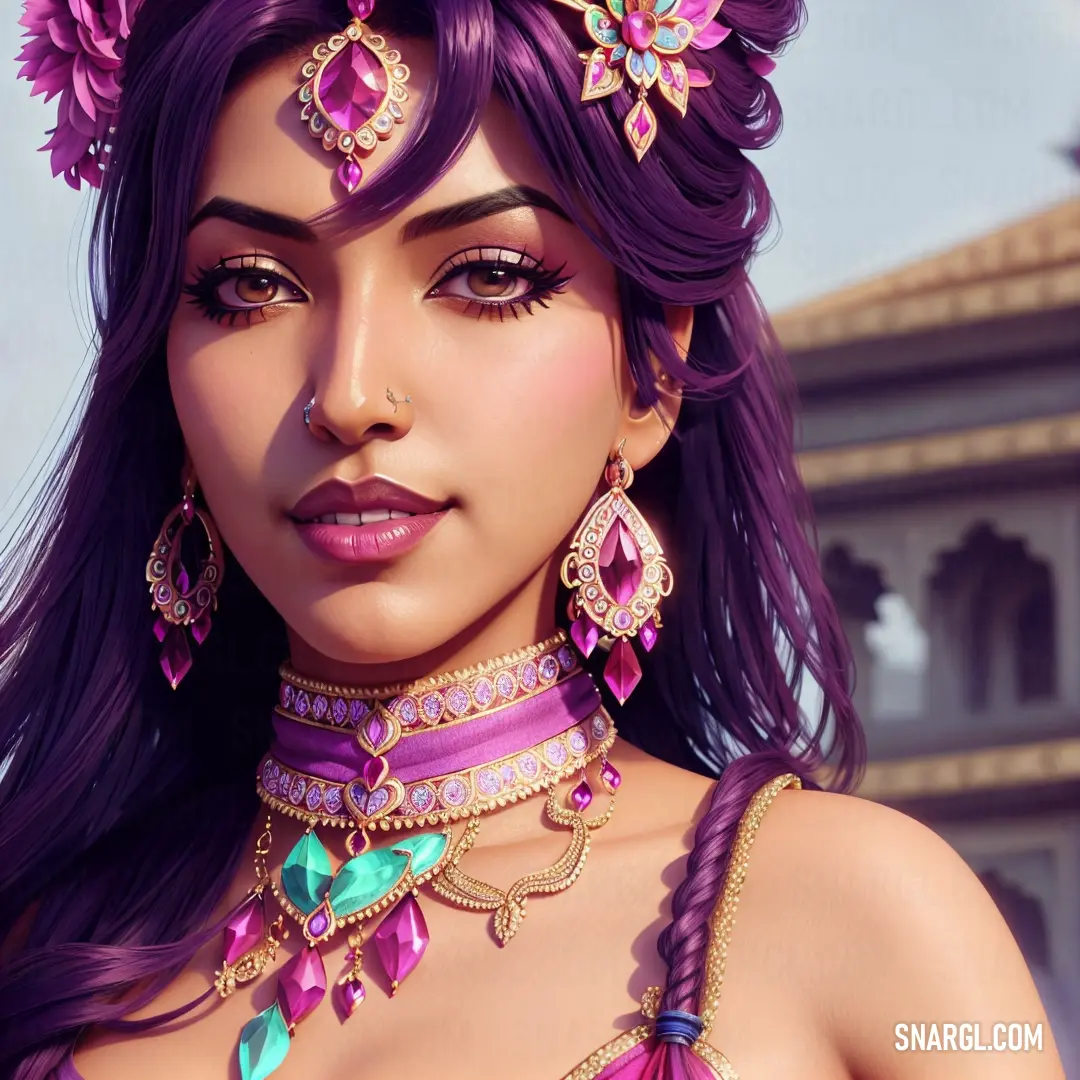 Woman with purple hair and jewelry on her face and chest