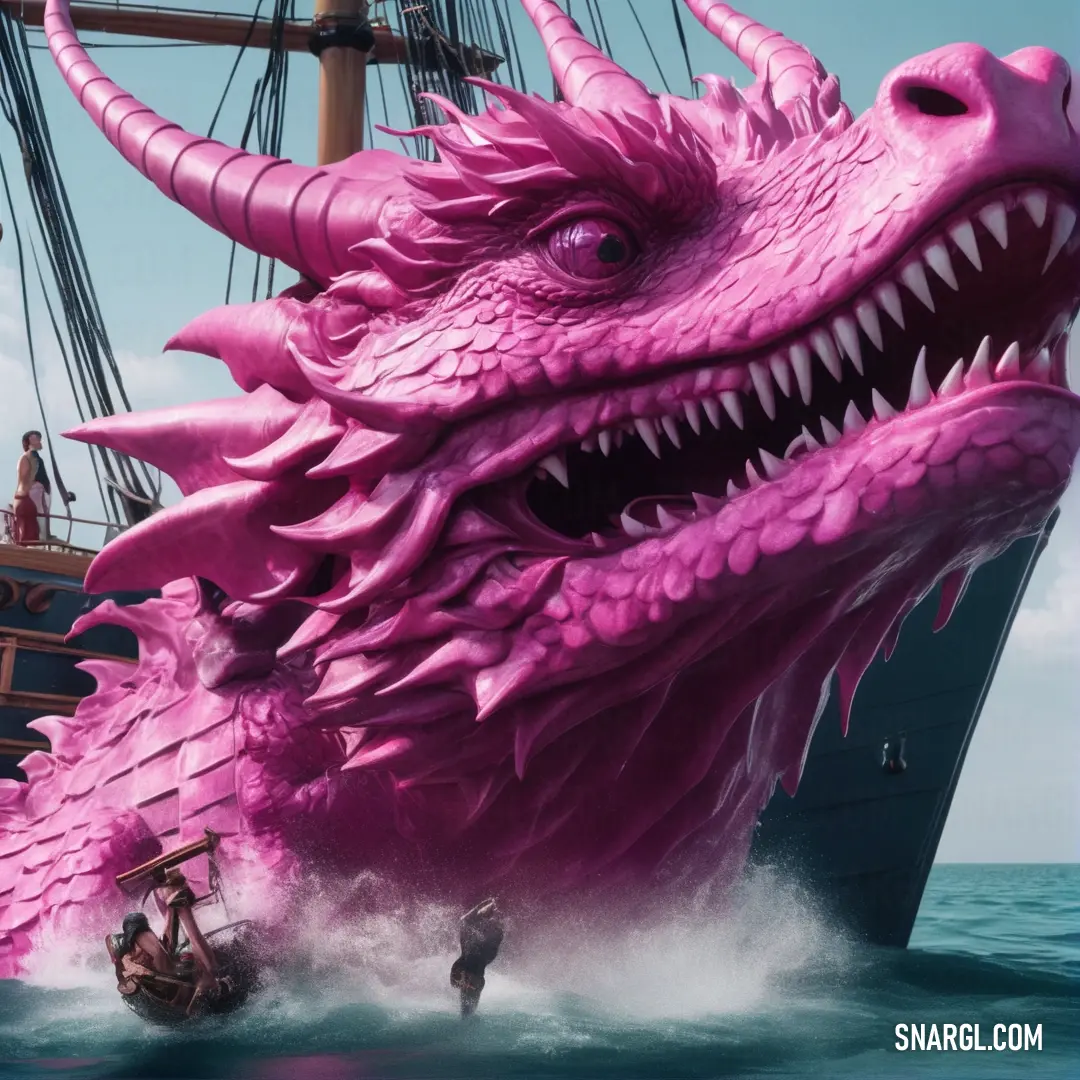 Giant pink dragon is on a boat in the water with a man on a bike in front of it