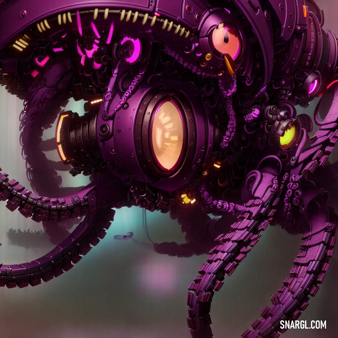 Purple clock with a large mechanical mechanism on it's face and hands