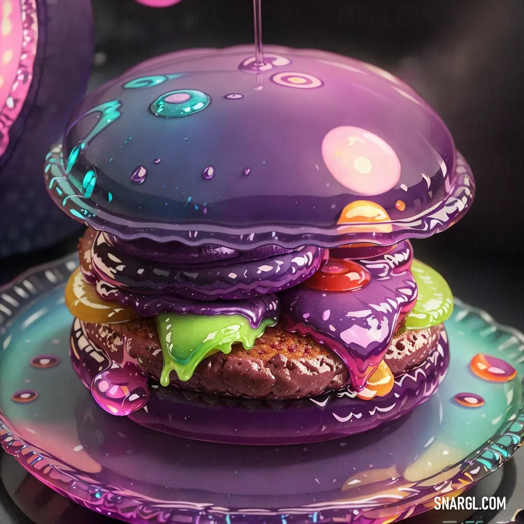 Purple hamburger with a green and purple topping on it on a plate with a string of lights