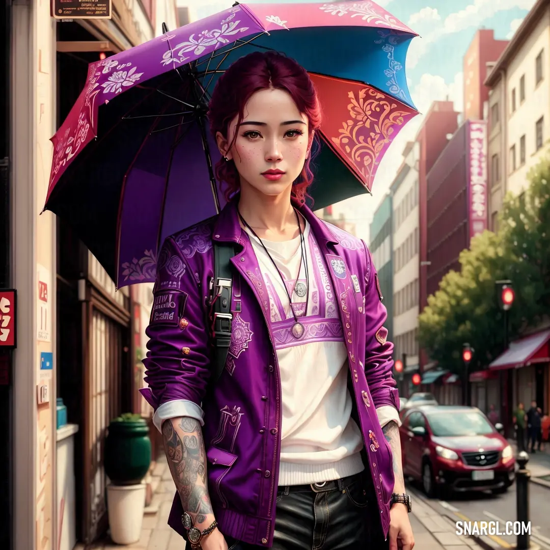 Woman with a purple jacket and a purple umbrella on a city street with buildings in the background and a car parked on the side of the road