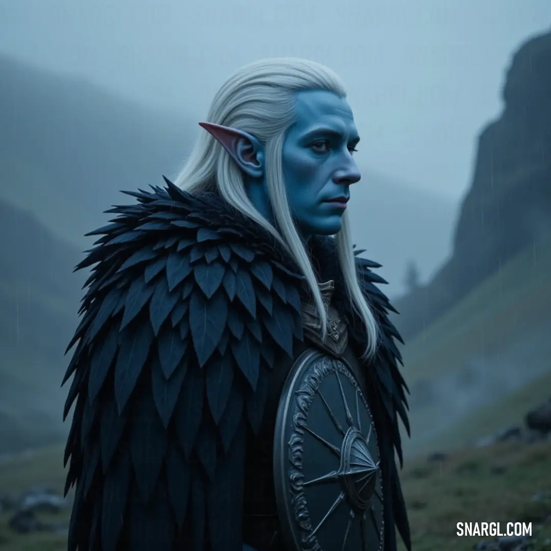 A striking figure with vibrant blue hair and majestic black wings stands resolutely in a sunlit field, brandishing a robust shield. Surrounded by breathtaking mountains, he embodies strength and protection, a guardian of nature in a world filled with wond