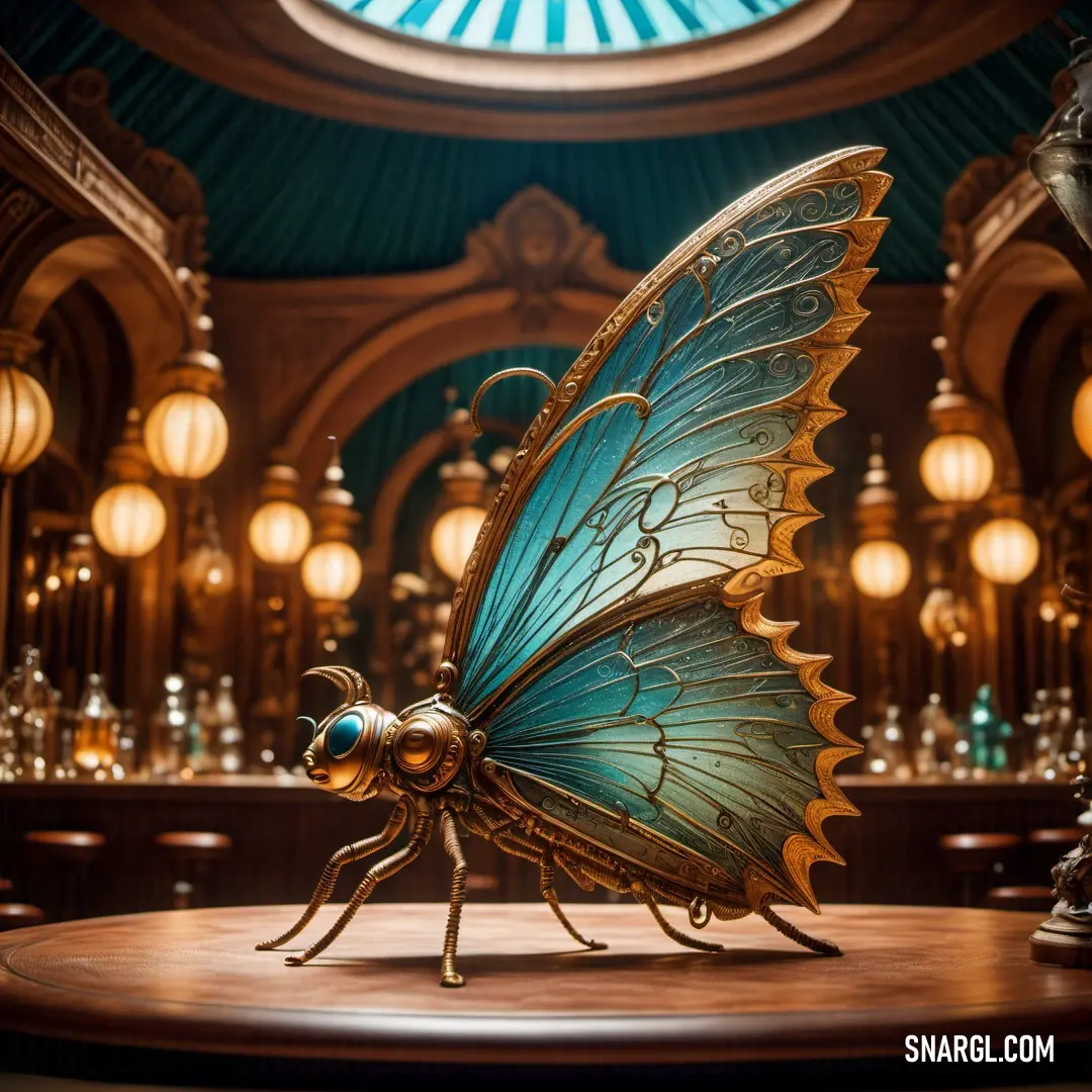 Blue butterfly statue on top of a wooden table in a room with lights and chandeliers