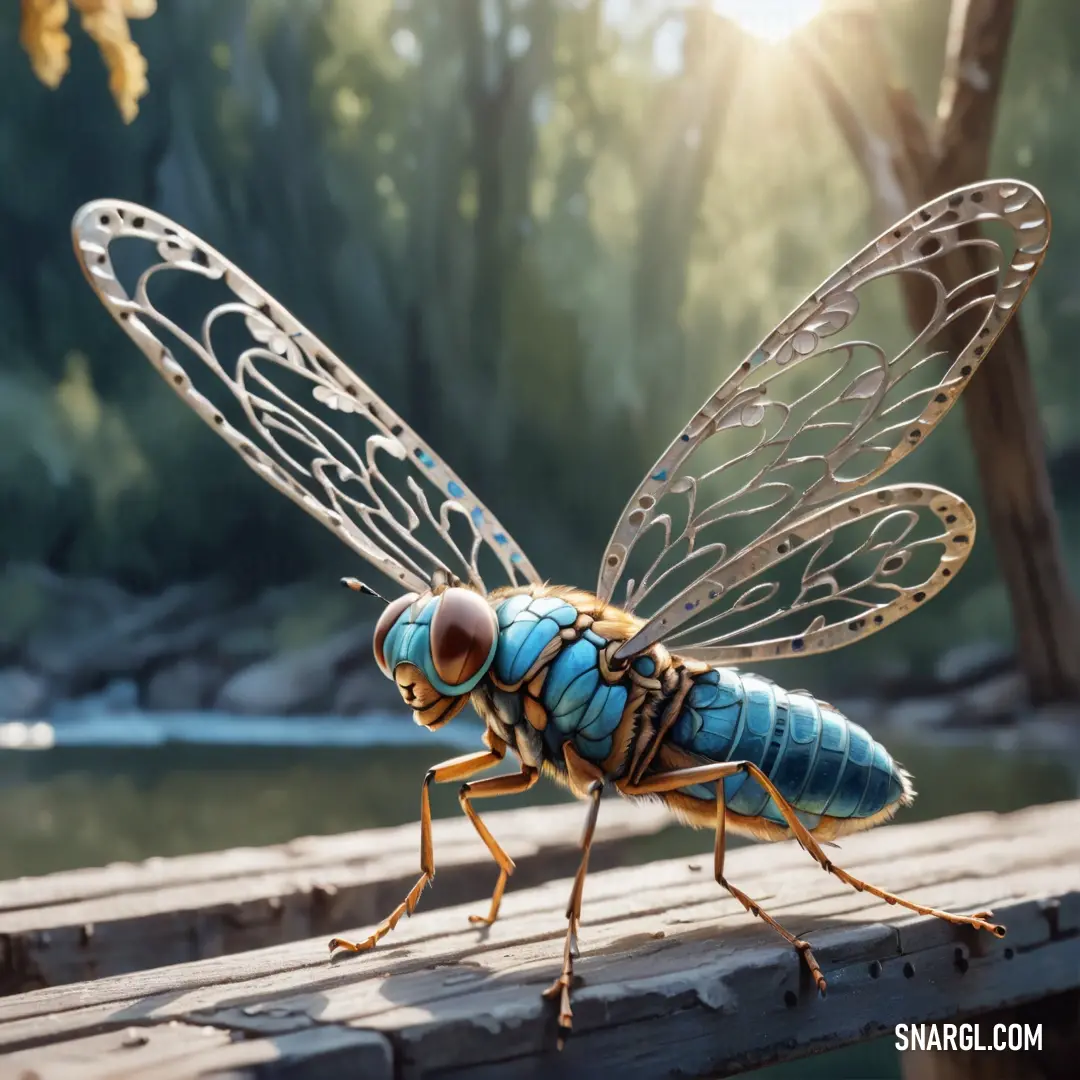 Blue dragonfly on a wooden plank in front of a river and trees with sunlight shining through the wings