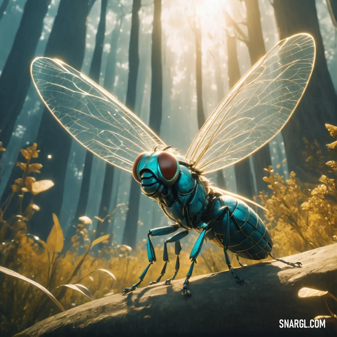 Blue insect with a red nose and wings standing on a rock in a forest with tall grass and trees