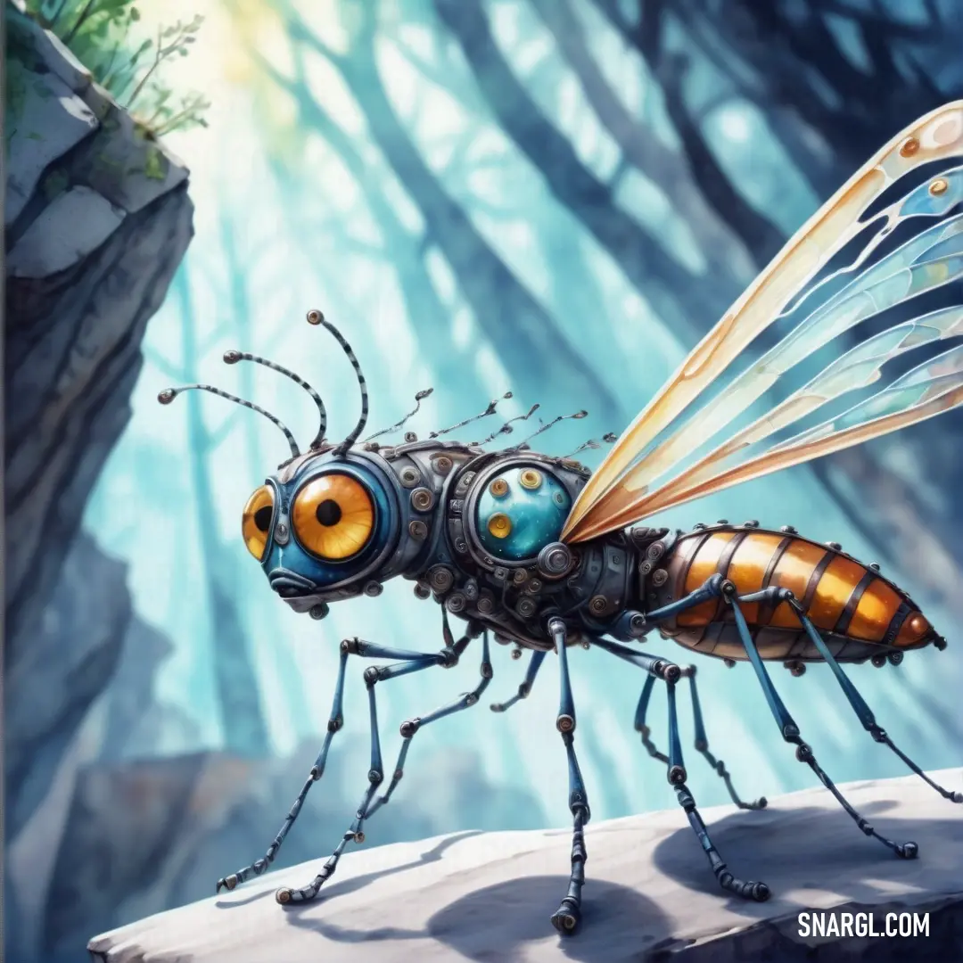 Bug with a yellow and blue wings standing on a rock in the woods with a sun shining through the trees