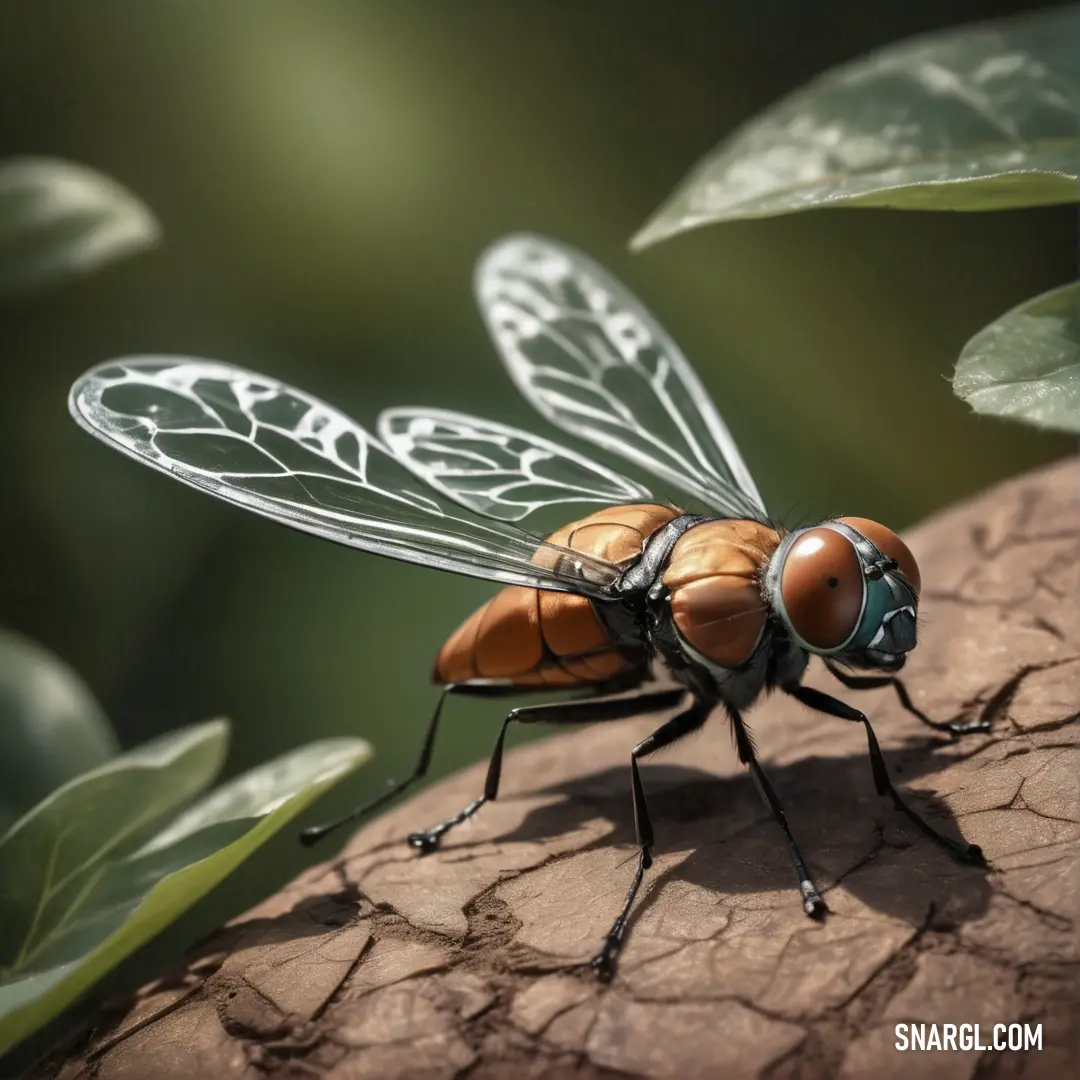 Close up of a fly on a branch with leaves in the background