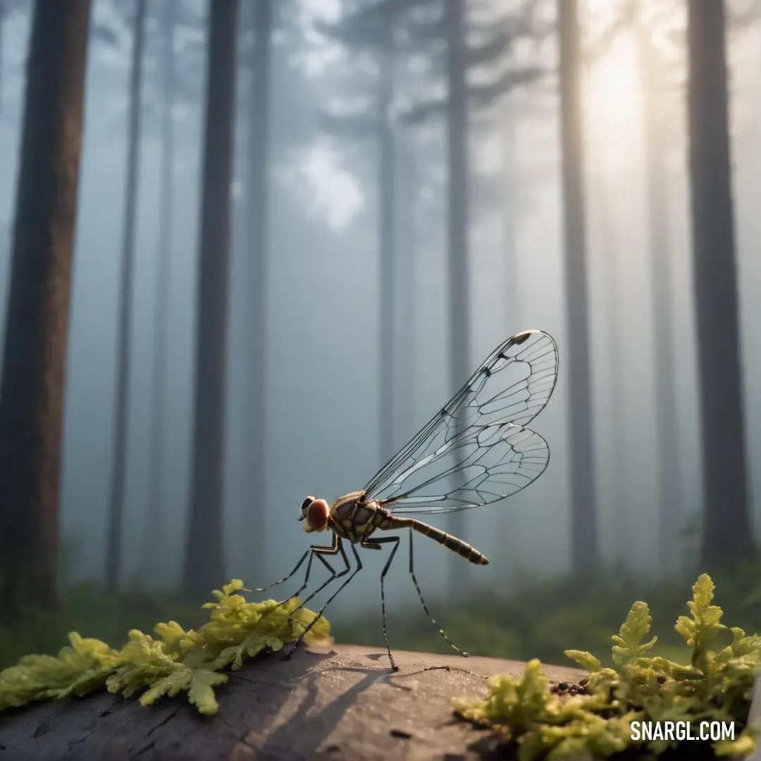Fanfly flys through the air in a forest with trees and leaves on the ground in the foreground