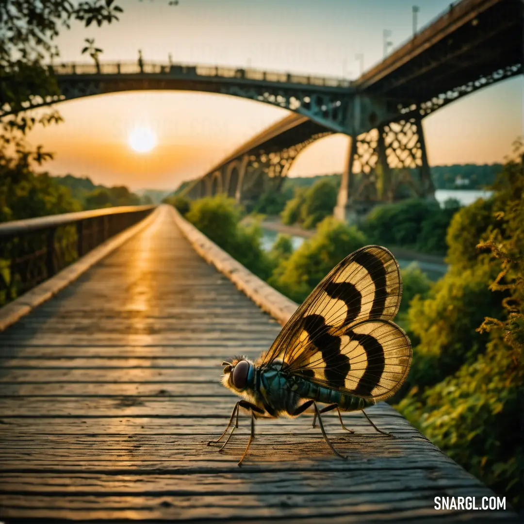 Fly on a wooden plank near a bridge at sunset with a bridge in the background