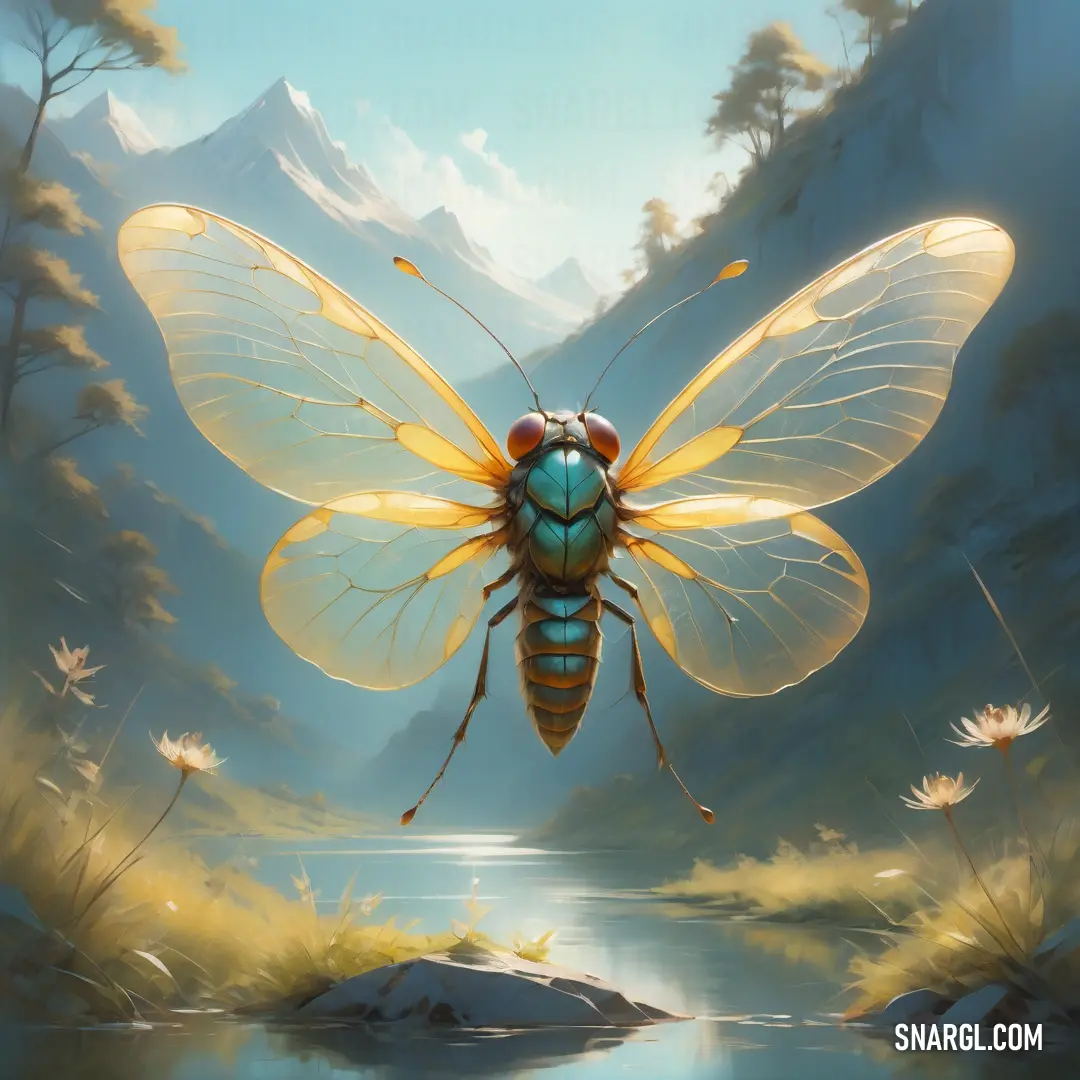 Painting of a bug flying over a lake in a forest with mountains in the background