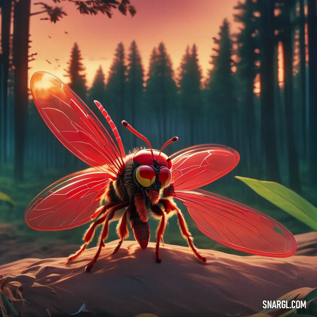 Red insect with yellow eyes standing on a rock in a forest at sunset with trees in the background