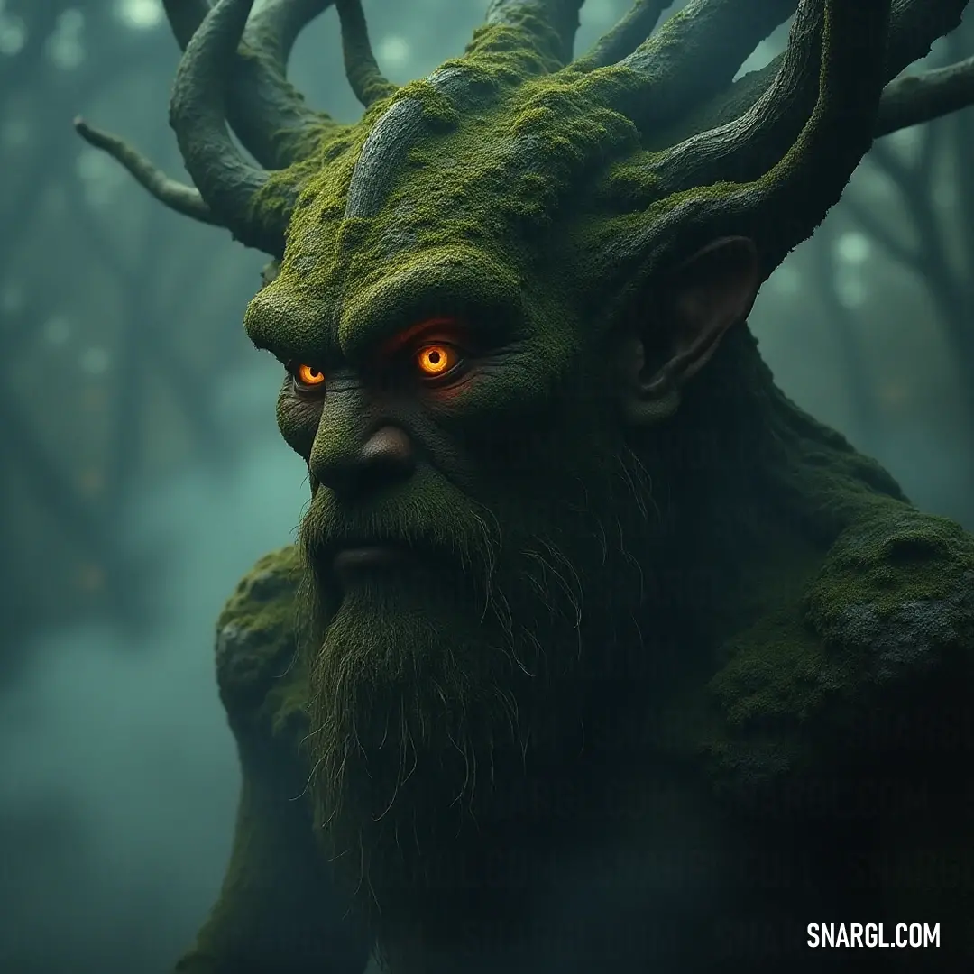 A mystical Green Fangorn, featuring glowing eyes and impressive horns, emerges from the fog-laden forest. This enigmatic figure captivates the imagination, embodying the spirit of nature's mysteries and the essence of the woods.