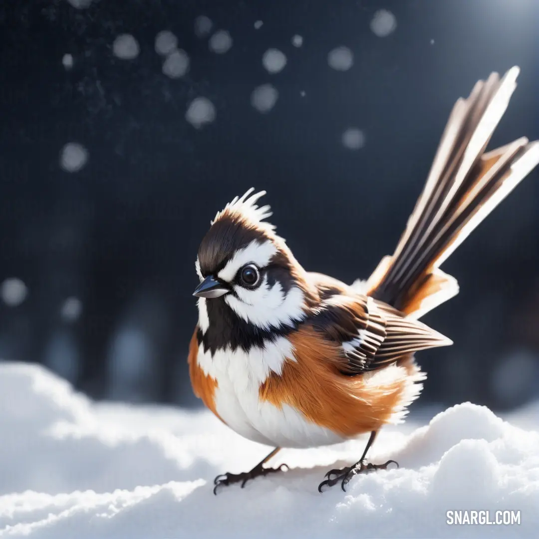 Fantail is standing on a snowy surface with its wings spread out and it is looking at the camera