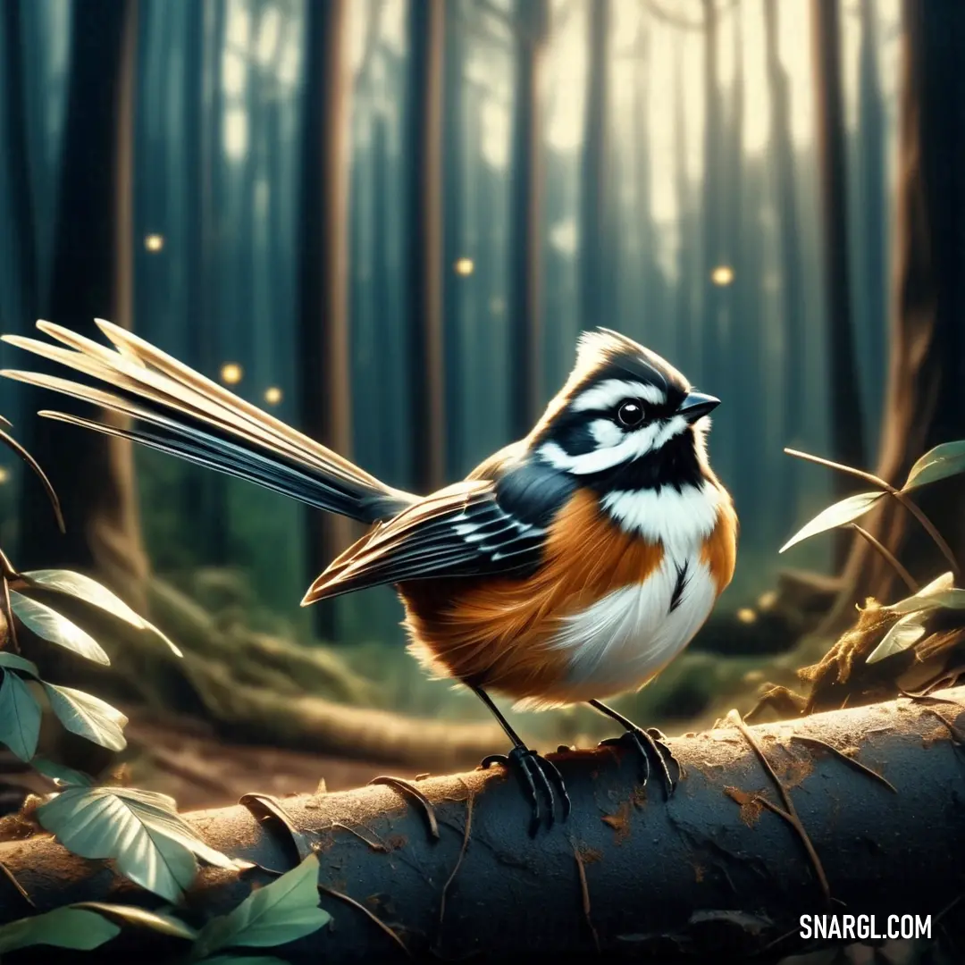 Fantail on a branch in a forest with a light shining on the ground and trees in the background