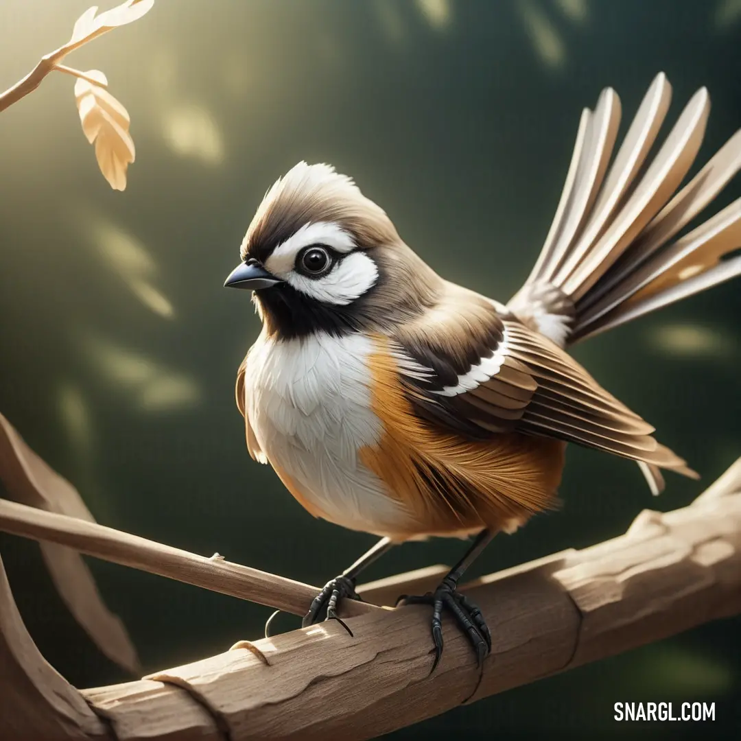 Fantail on a branch with its wings spread out and its eyes open, with a blurry background