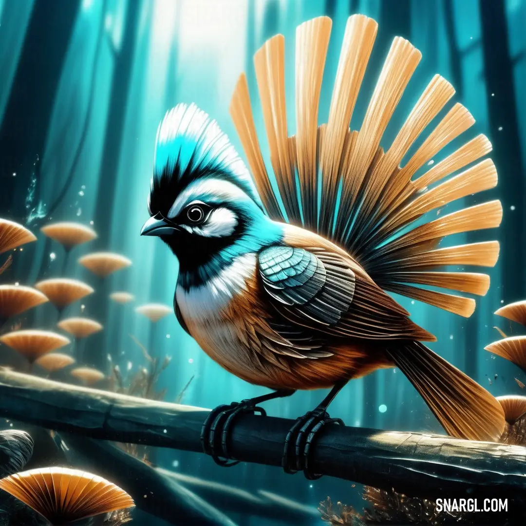 Fantail on a branch in a forest with mushrooms