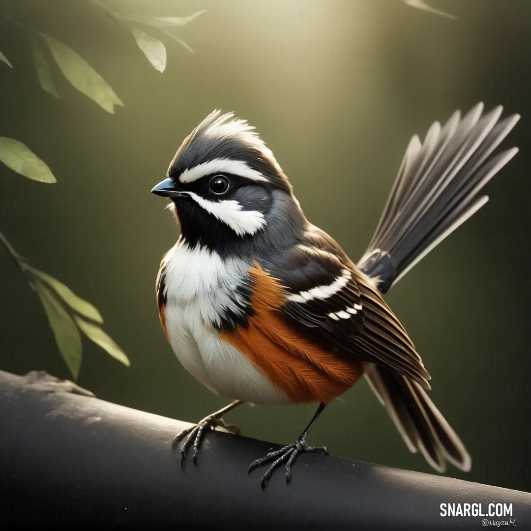 Fantail on a branch with leaves in the background