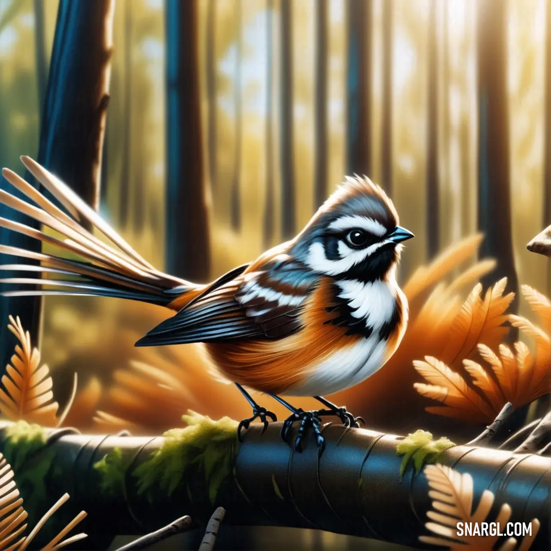 Fantail on a branch in a forest with leaves and sun shining through the trees behind it