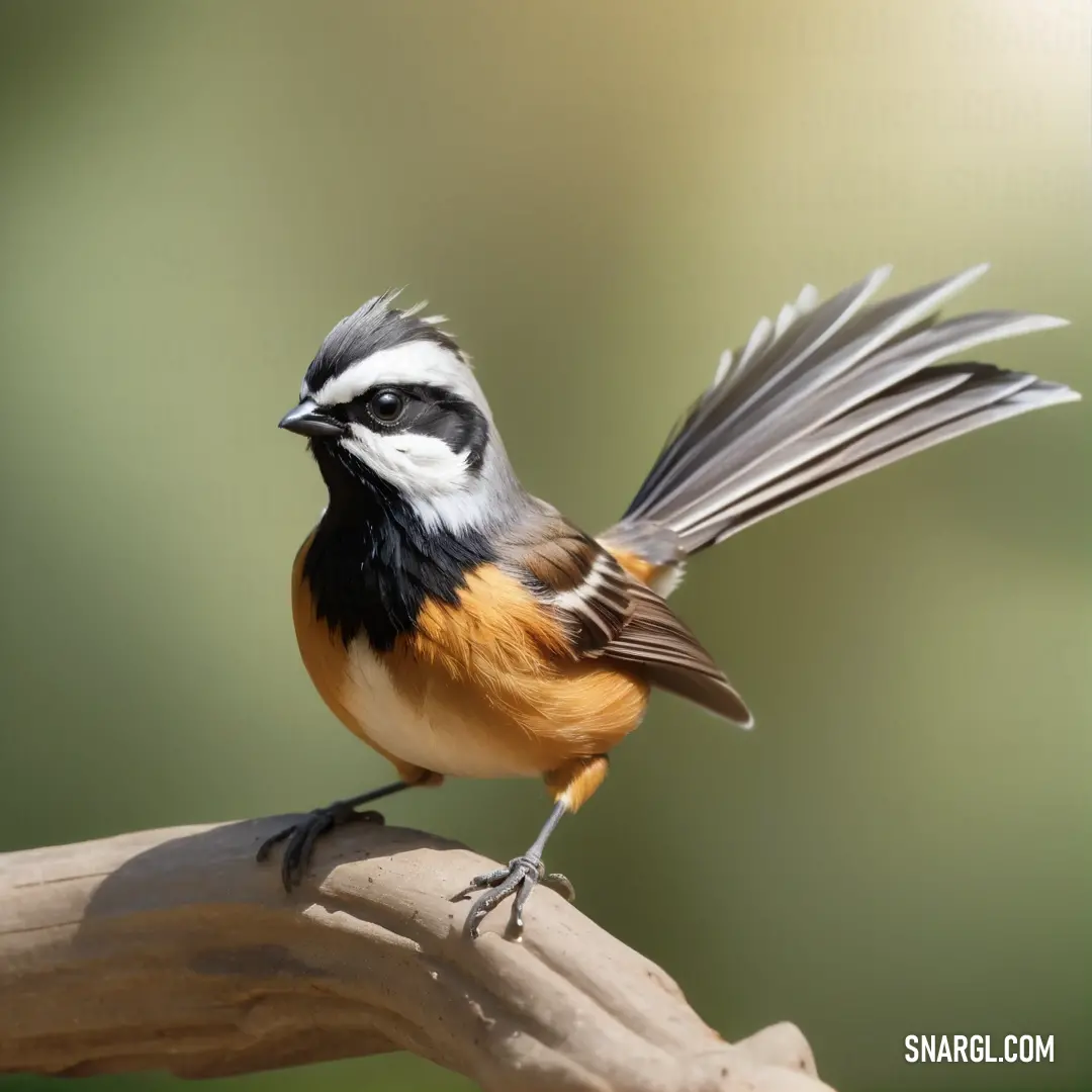 Fantail with a black and white tail on a branch with its wings spread out and a blurred background