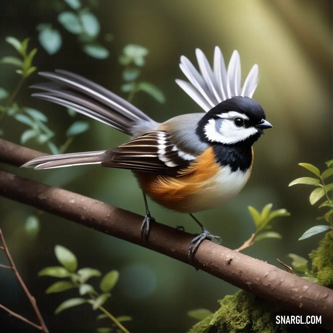 Fantail with a black and white tail on a branch with leaves and moss on it's sides