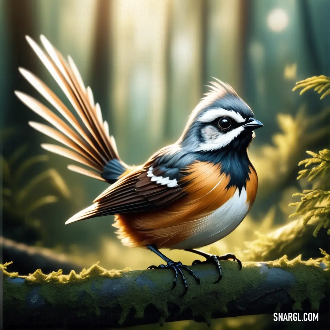Fantail with a blue tail and white breast on a branch in a forest with moss and trees
