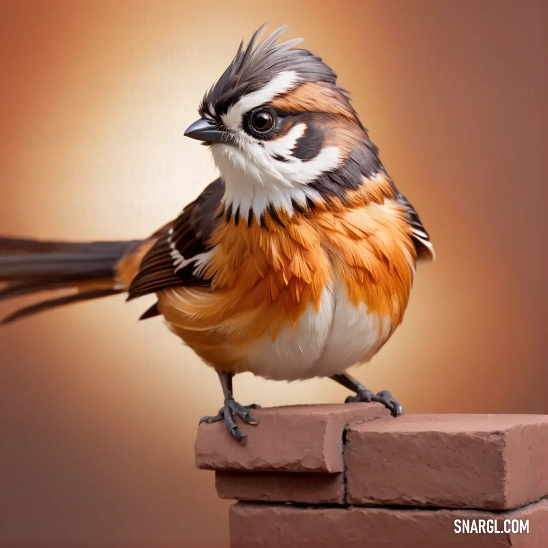 Fantail with a long tail standing on a brick block wall with its wings spread out and its head turned