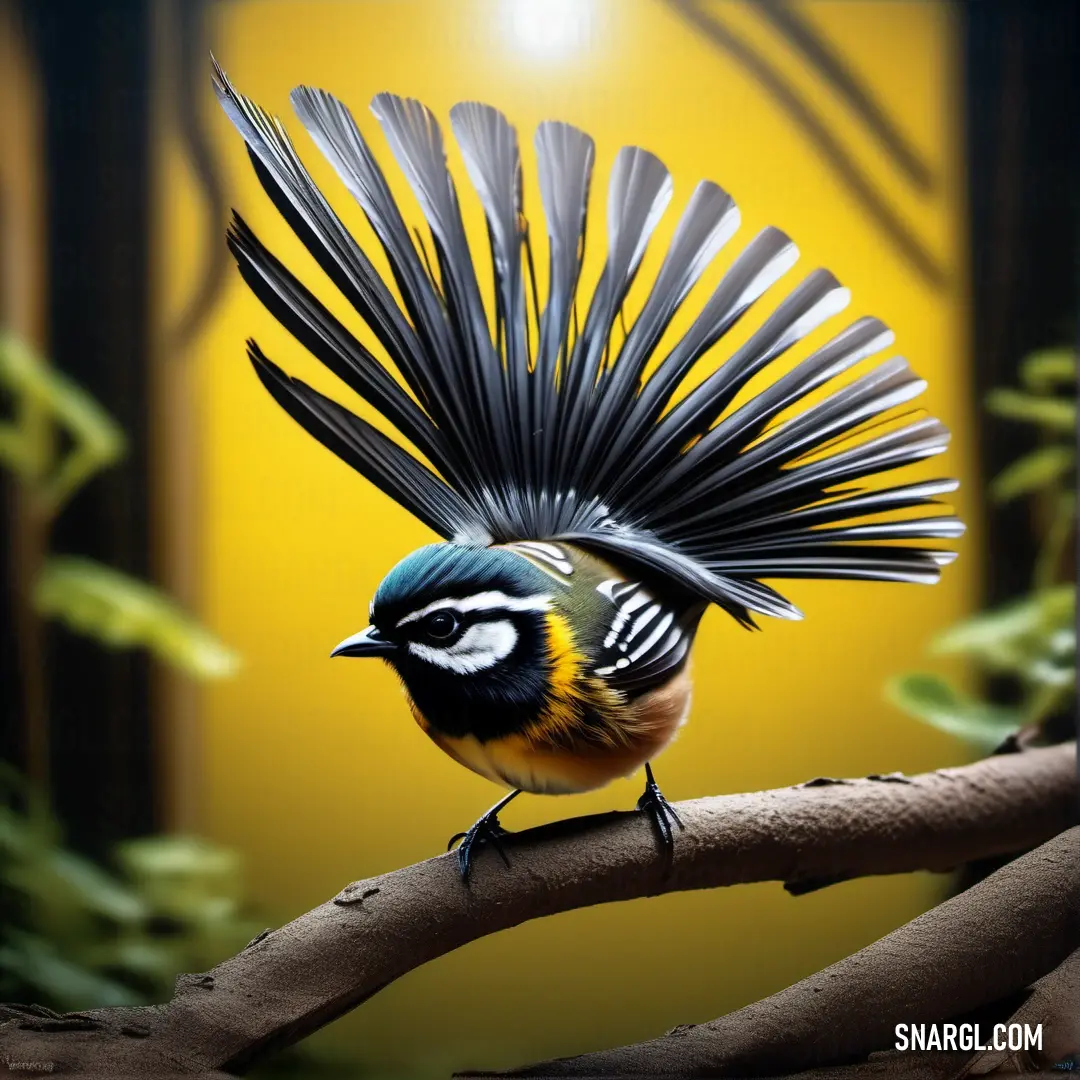Fantail with a long tail on a branch in a forest with a yellow background