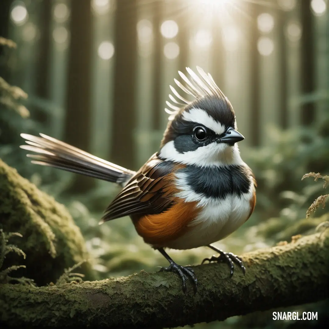 Fantail with a mohawk on its head on a branch in a forest with mossy trees and sunlight shining through the trees