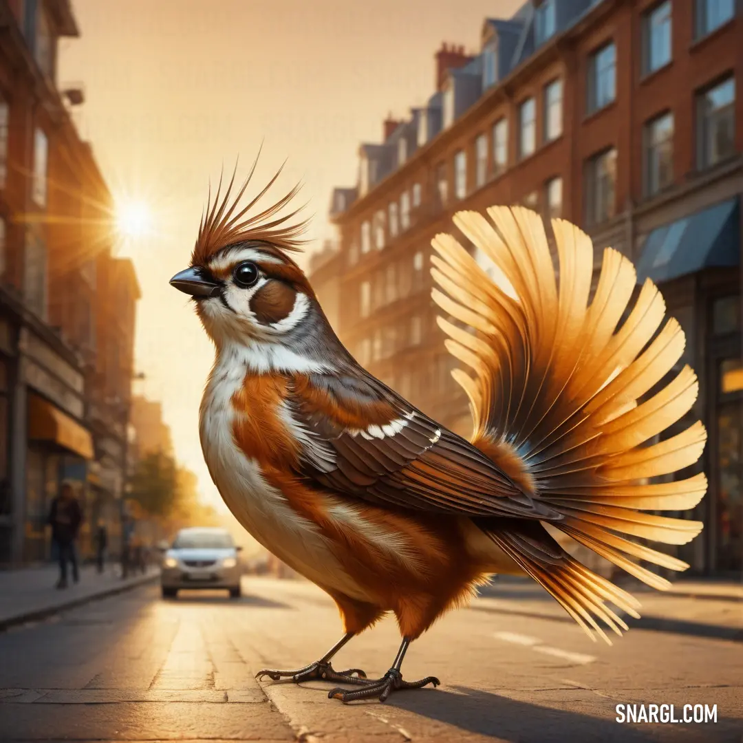 Fantail with a very long tail standing on a sidewalk in front of a building with a car parked on the side of the road