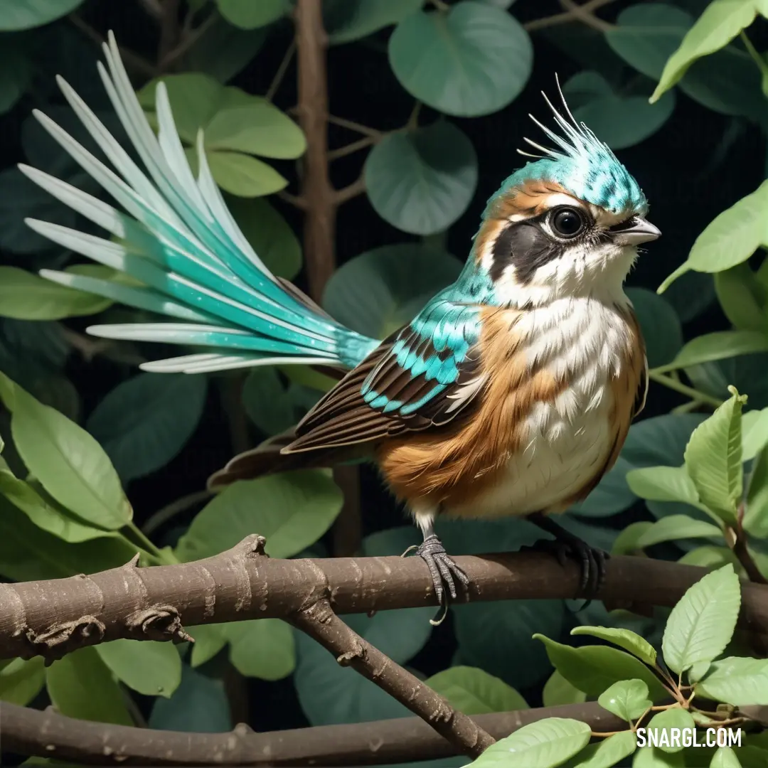 Fantail with blue feathers on a branch with leaves around it and a bush behind it