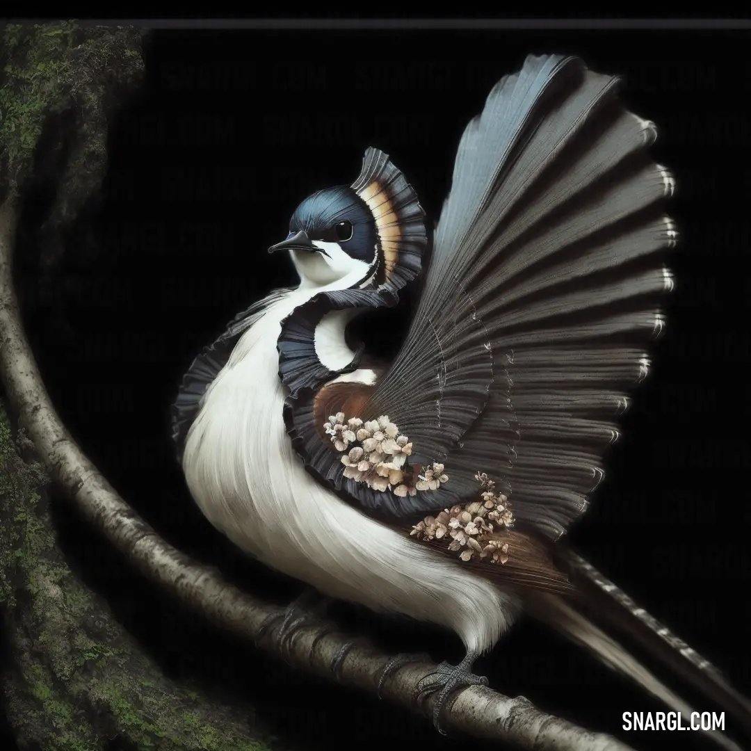 Fantail with its wings spread out on a branch with nuts in it's beak and a black background