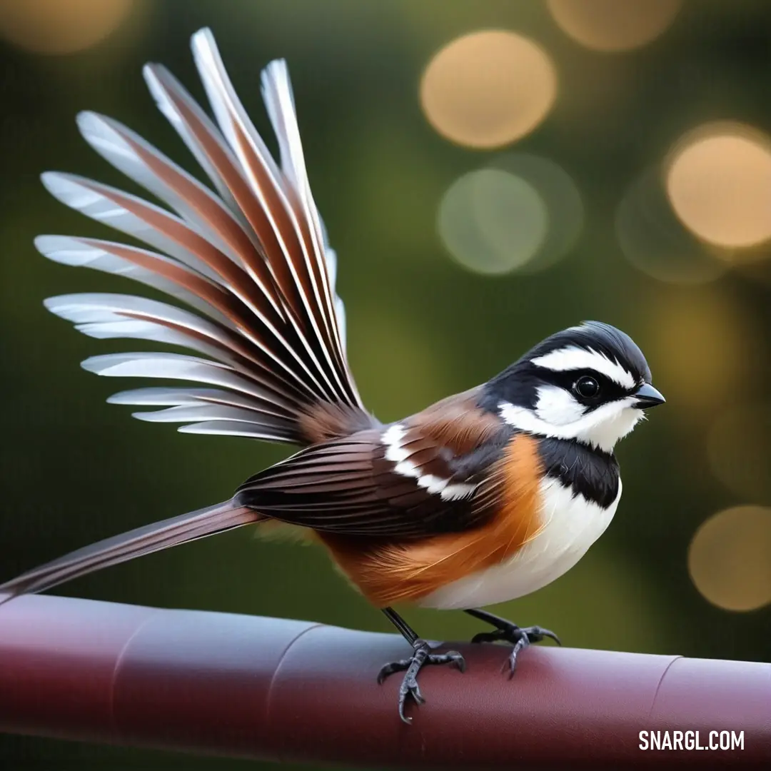 Fantail with its wings spread on a rail with blurry lights in the background