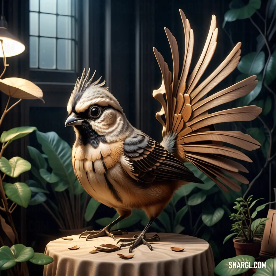 Fantail with wings spread on a table with a potted plant in the background