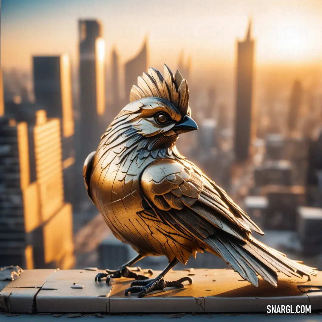Golden Fantail statue on top of a building in a cityscape with a sunset in the background
