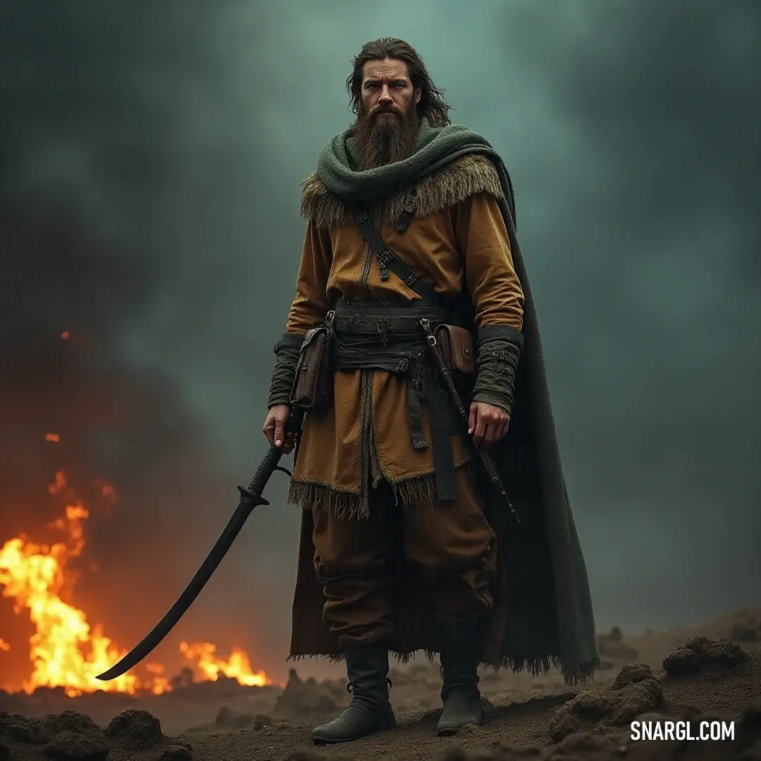 In a flickering glow of flames, a fierce warrior stands proudly, wielding a sword while clad in an intricate costume. The firelight dances off his beard, revealing a battle-hardened spirit ready for any challenge.