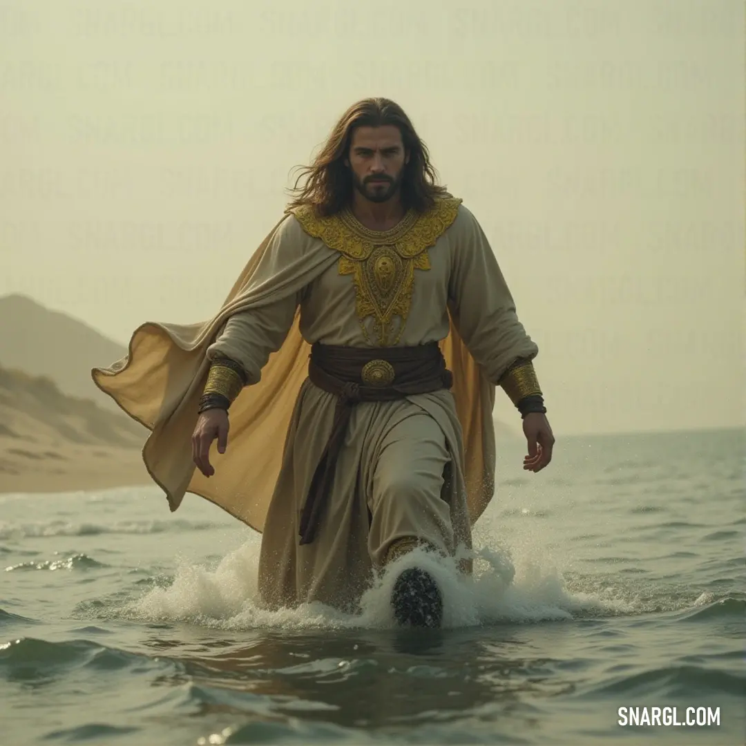 Faramir walks through the ocean with a cape on their shoulders, as the waves gently embrace their feet in a quiet and serene setting. Faramir, draped in a flowing cape, wades through the ocean water. The calm waves lap around their legs as they walk, the horizon stretching endlessly before them, creating a serene, almost mystical atmosphere.
