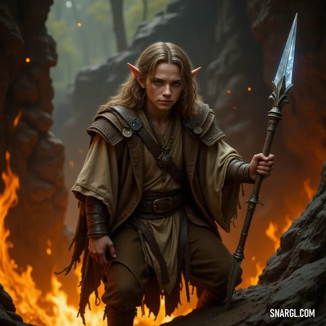 A brave warrior clad in a fantastical costume wields a large sword in a cave, surrounded by flames, portraying a scene of adventure and valor. A heroic figure in fantasy attire stands firmly in a dimly lit cave, brandishing a large sword with flames illuminating the rugged stone walls, capturing a moment of courage amidst a fiery backdrop.