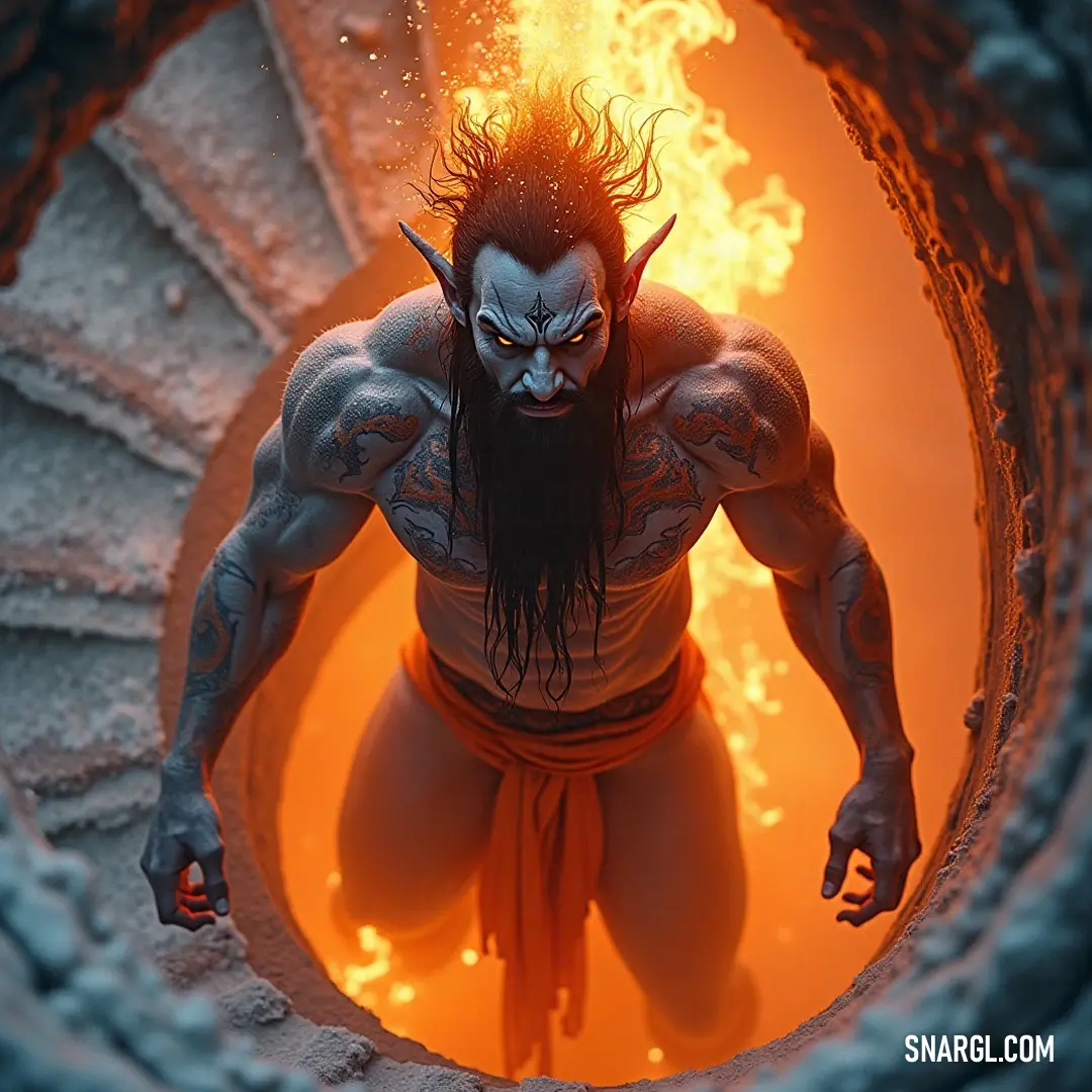 A stalwart Farid, with a regal beard, poses in a fiery tunnel, showcasing resilience and fearlessness in a dramatic setting. Farid, with a majestic beard, stands confidently in a surreal tunnel of fire, hands on hips, exuding strength and determination, as flames flicker wildly, embodying the spirit of bravery in the face of adversity.