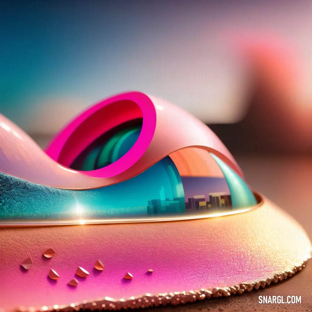 Close up of a pink and blue computer mouse on a table with a city in the background and a pink