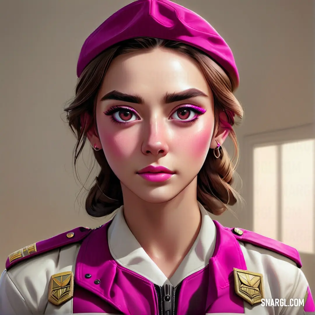 Digital painting of a woman in uniform with a pink hat on her head. Color RGB 244,0,161.