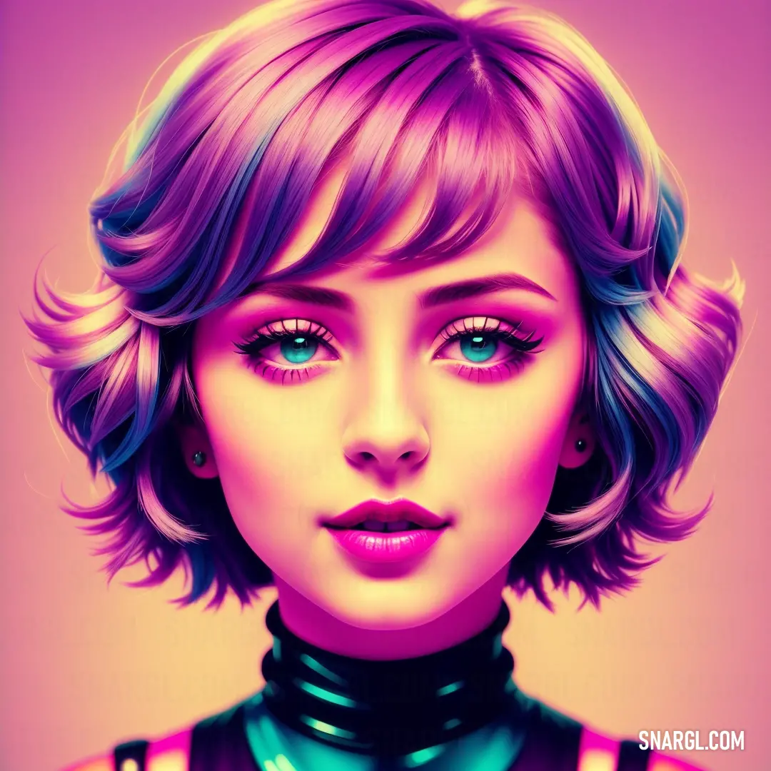 Digital painting of a woman with pink hair and blue eyes and a choker around her neck